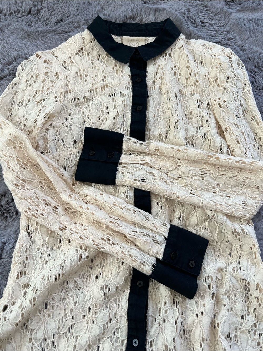 Anthropologie Cream Lace Button-Up Blouse with Black Trim